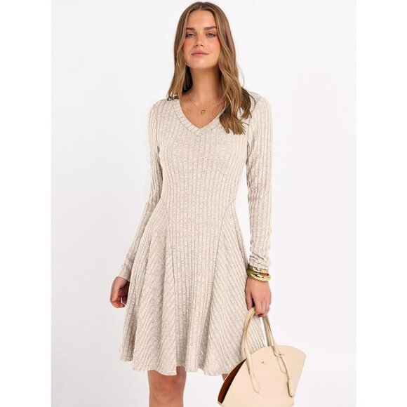 Women's Long Sleeve Ribbed Knit Short Dresses V Neck Swing Sweater Dress Beige - Picture 6 of 7